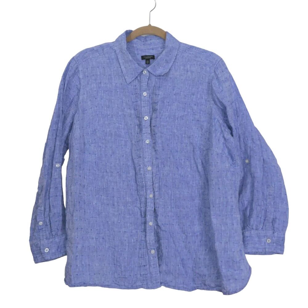 Talbots Woman Petite 2XP 100% Linen Button Up Shirt Blue Textured Roll Tab EUC